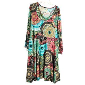 Women’s Boho Hope Colorful Bold Print Dress  V-Neck Women's XL  Shift USA Made